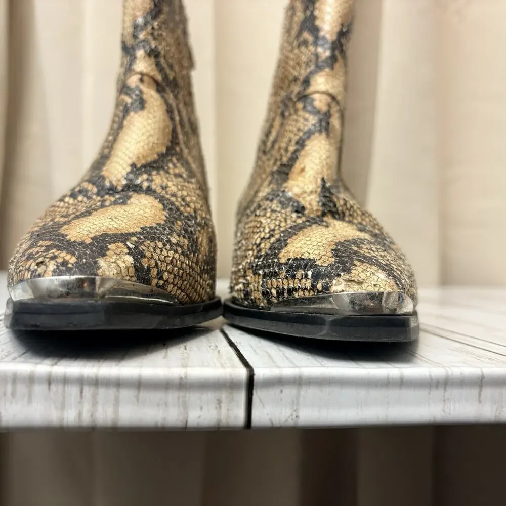 Flattered Snakeskin Boots Tan Black Python Western Ankle Booties EU 38 US 7.5